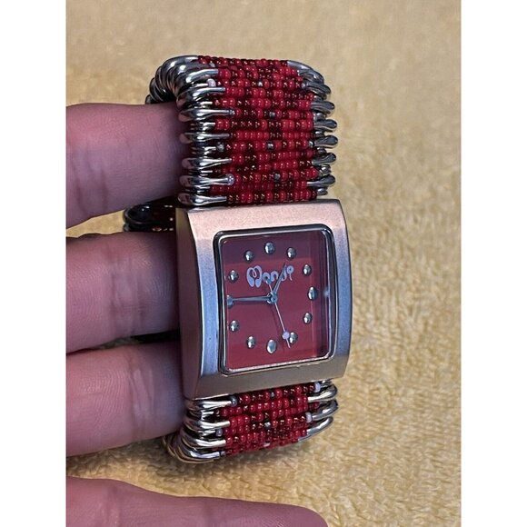 Womens Monji Watch Red Silver Tone Beaded Safety Pin (needs Battery) - Picture 2 of 8